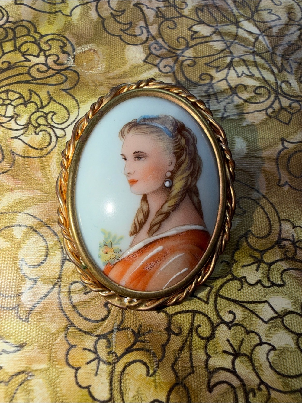 Limoges Hand-Painted Portrait Brooch - Blue & Orange & Gold